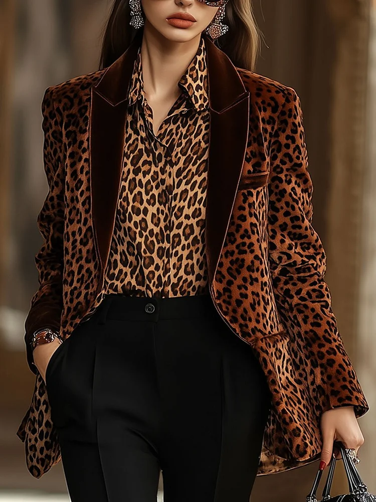 【24-hour shipping out】Casual Loose Retro Velvet Leopard Print Lapel Blazer