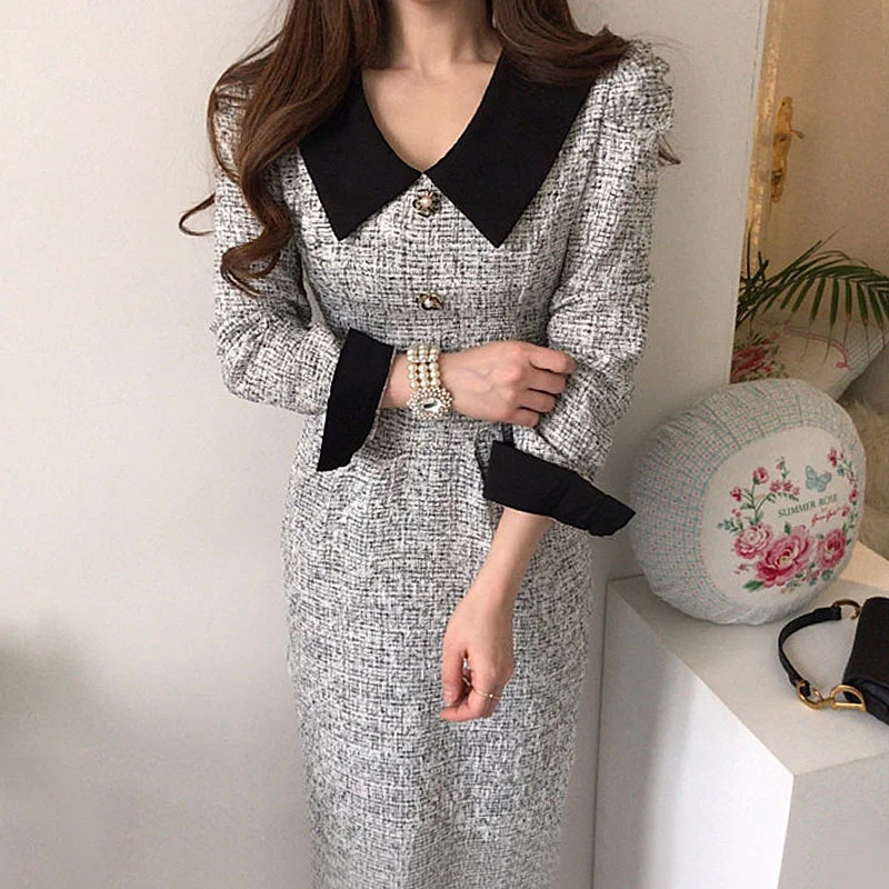 Churchf Churchf Chic Retro Temperament Contrast Color Lapel Pressure Fold Belt Closed Waist Show Thin And Thick Long Tweed Dress