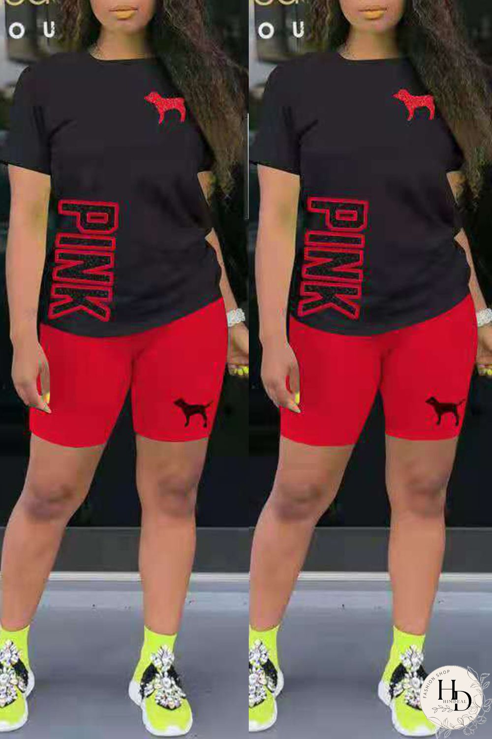 Red Fashion Casual Letter Print Basic O Neck Short Sleeve Two Pieces