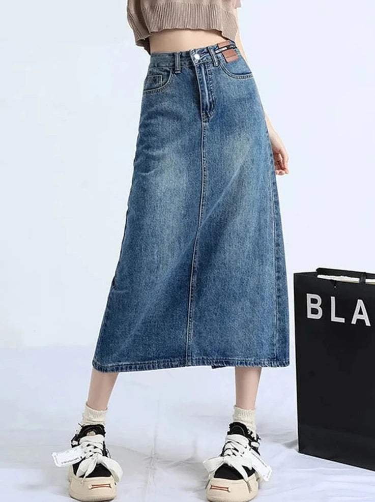 KarSaNy Women Long Denim Skirts Vintage Back Slit High Waist Jean Skirt 2024 Bodycon Maxi Blue Straight Denim Skirts For Women LANFUBEISI