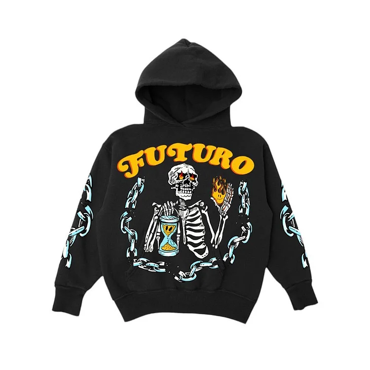 Hip Hop Skull Print Sweatshirt Loose Hooded Sweatshirt at Hiphopee