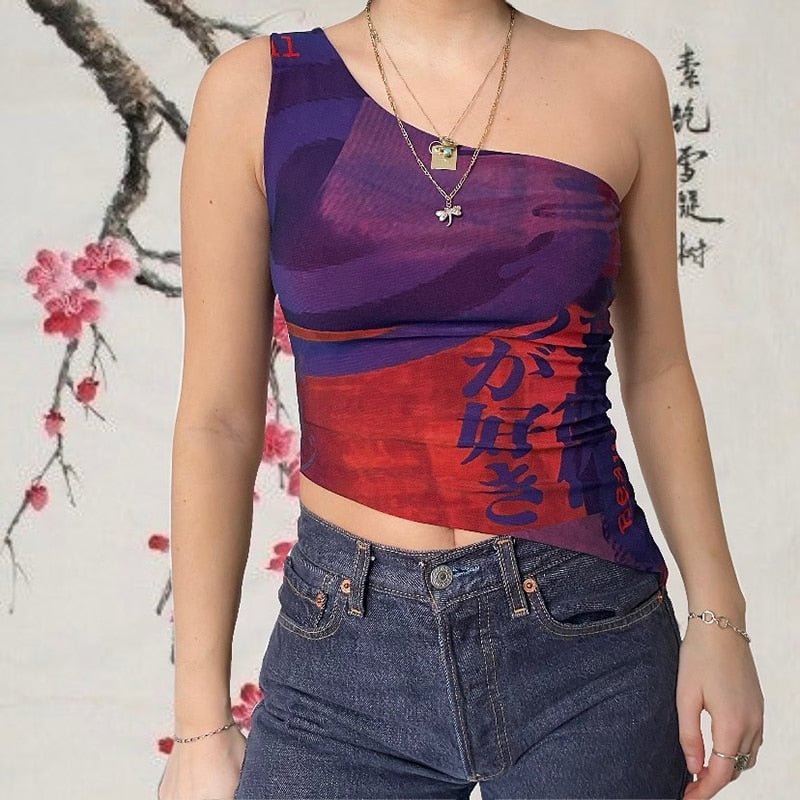 Y2K Aesthetic Printed Corset Top One Shoulder Skinny Crop Top Women Summer 90s Vintage Streetwear E-girl Chinese Style Clothes