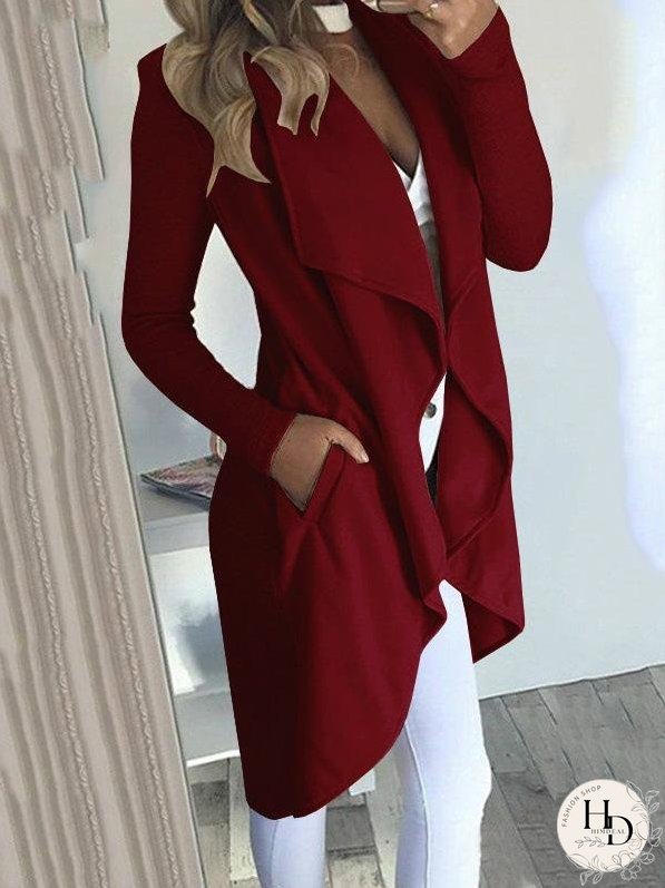 Coats Solid Lapel Pocket Slim Mid-Length Coat for Women