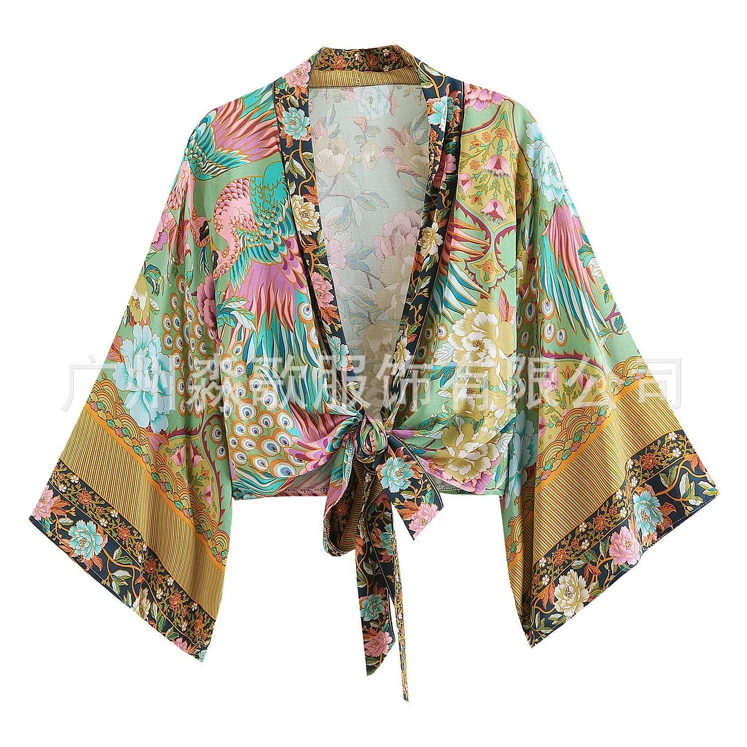Uveng Print Collar Batwing Sleeve Bohemian Blouses