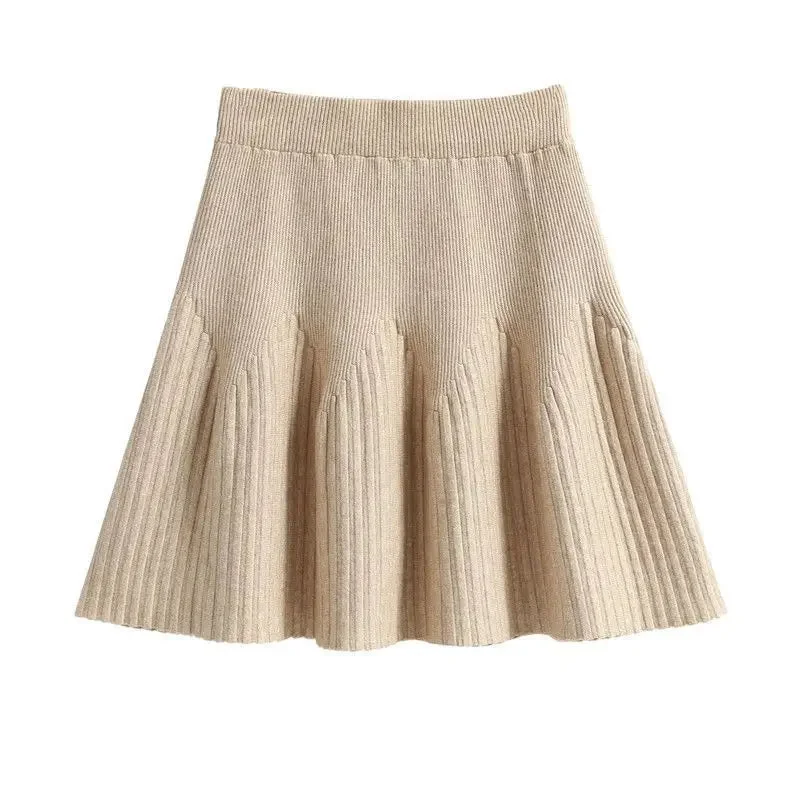 Brownm Solid A-line Knitted Pleated Mini Skirt