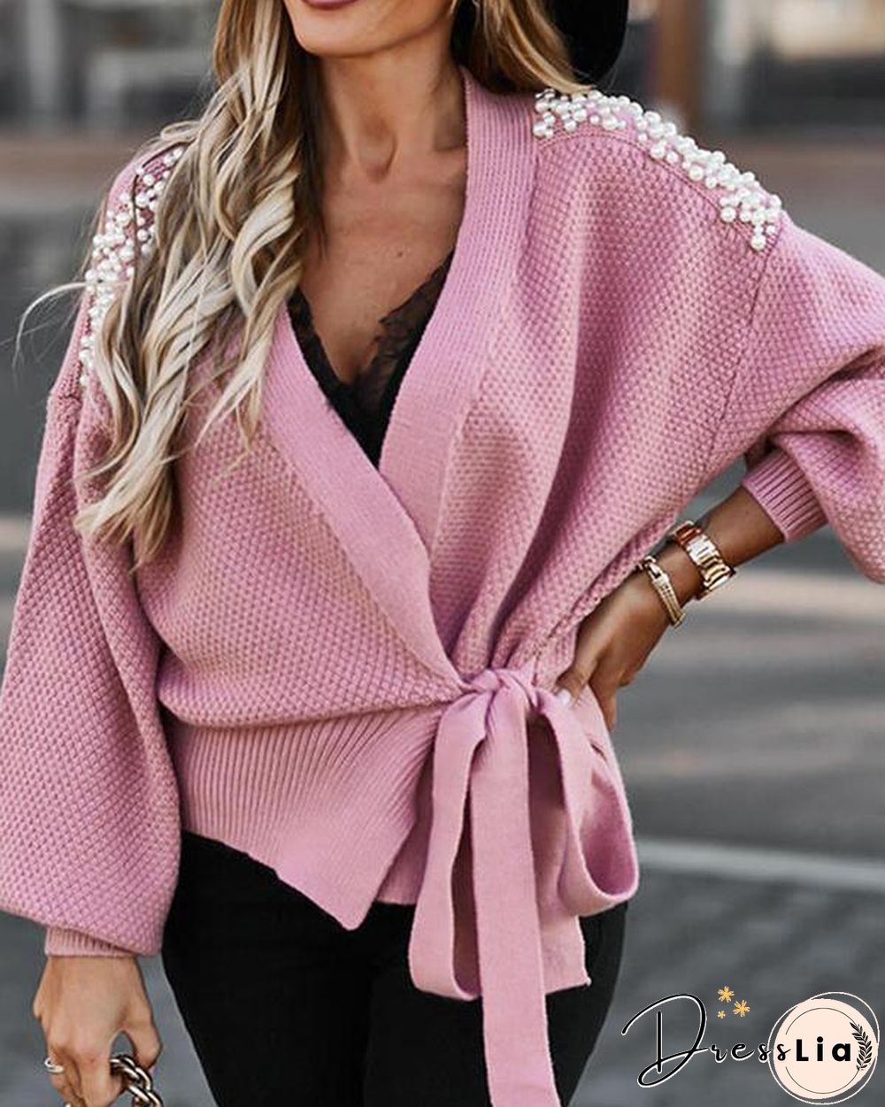 Wide-sleeved Knitted Cardigan With Tie