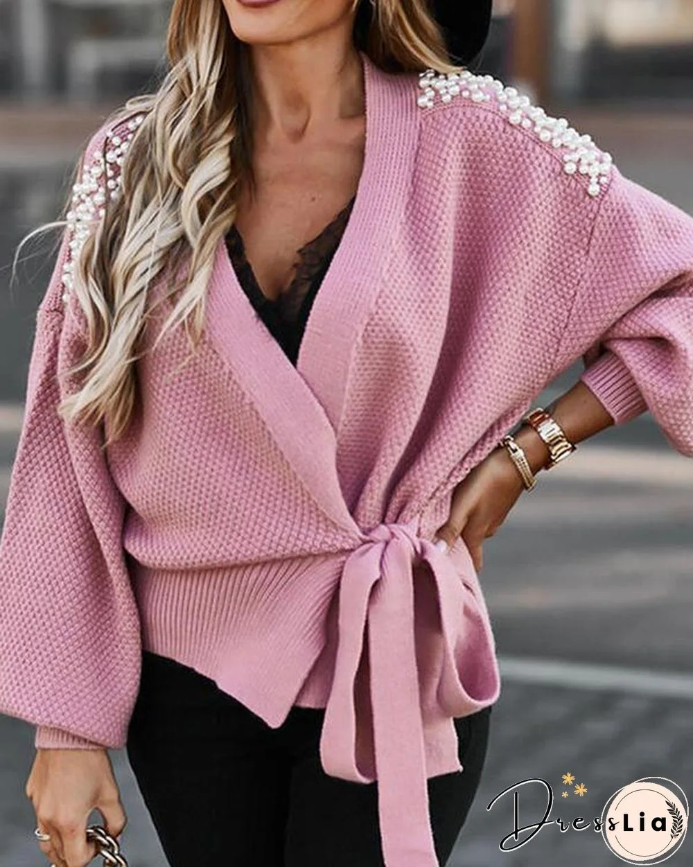 Wide-sleeved Knitted Cardigan With Tie