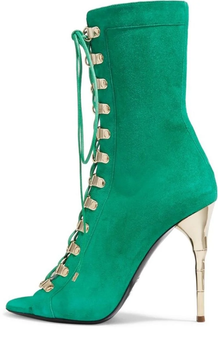 Green Lace Up Mid-calf Booties Vdcoo