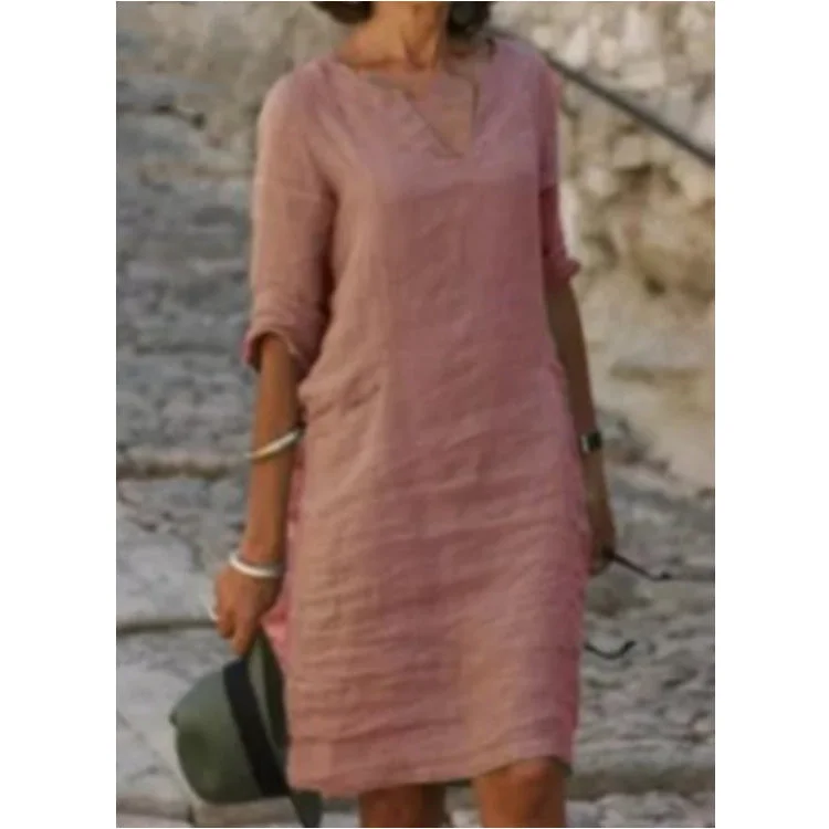 Uveng Cotton Linen Small V-neck Stitching Retro Basic Model Solid Color Three-quarter Sleeve Dress