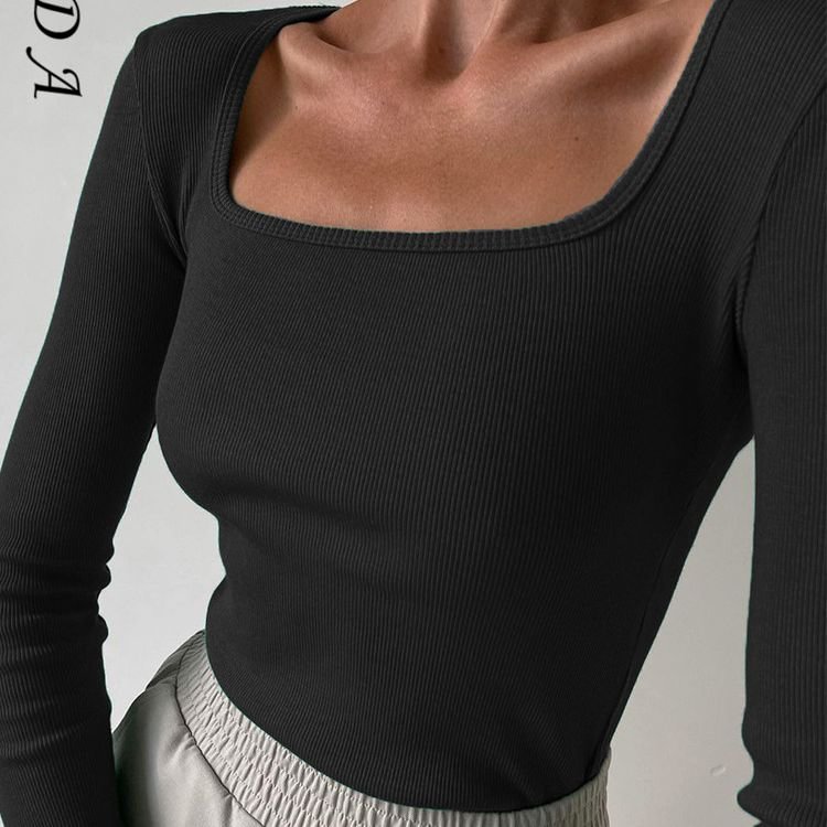 2022 Square Neck Green Long Sleeve T Shirts Women Knitted Autumn Winter Black Basic Ribber White Khaki Top Shirt Casual Y2K