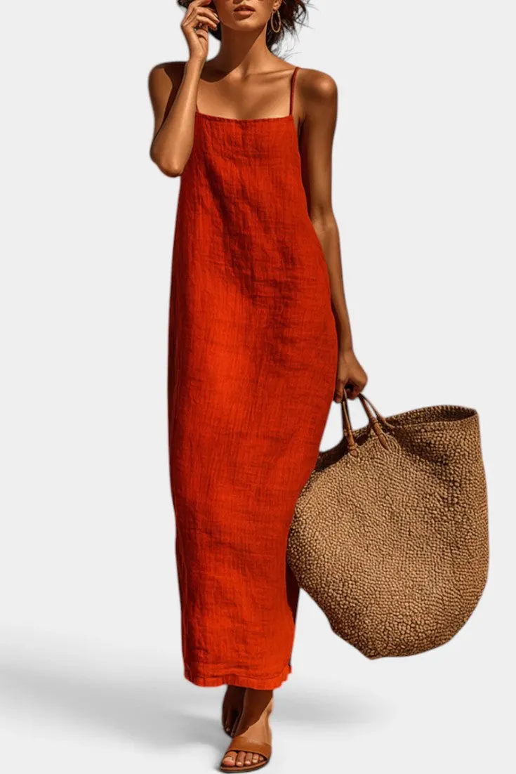 Square Neck Linen Maxi Dress with Side Slit