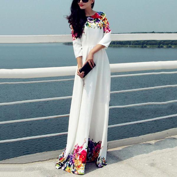 Printed Floor Length White Evening Dress