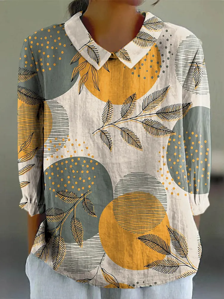 Women's Geometric Floral Pattern Art Print Casual Cotton And Linen 3/4 Sleeve Shirt