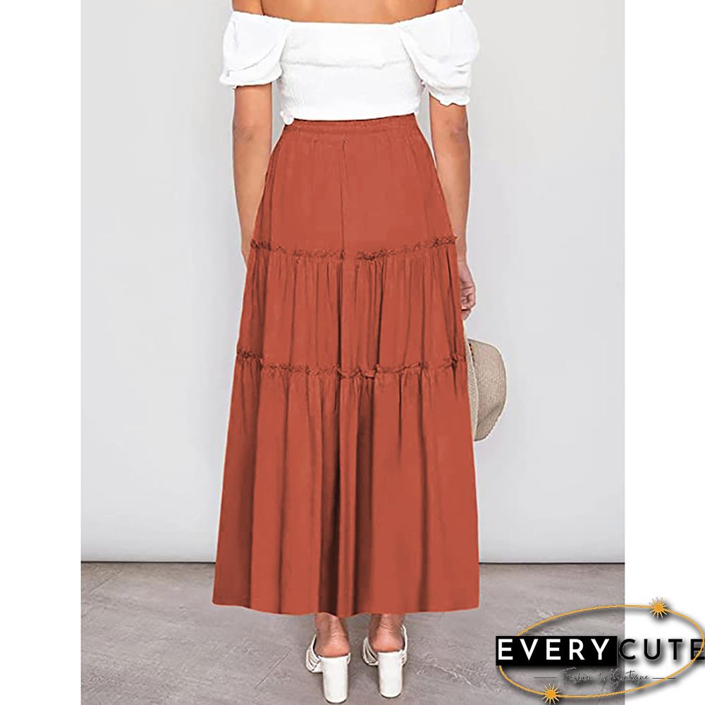 Orange High Waist A-line Drawstring Maxi Skirt