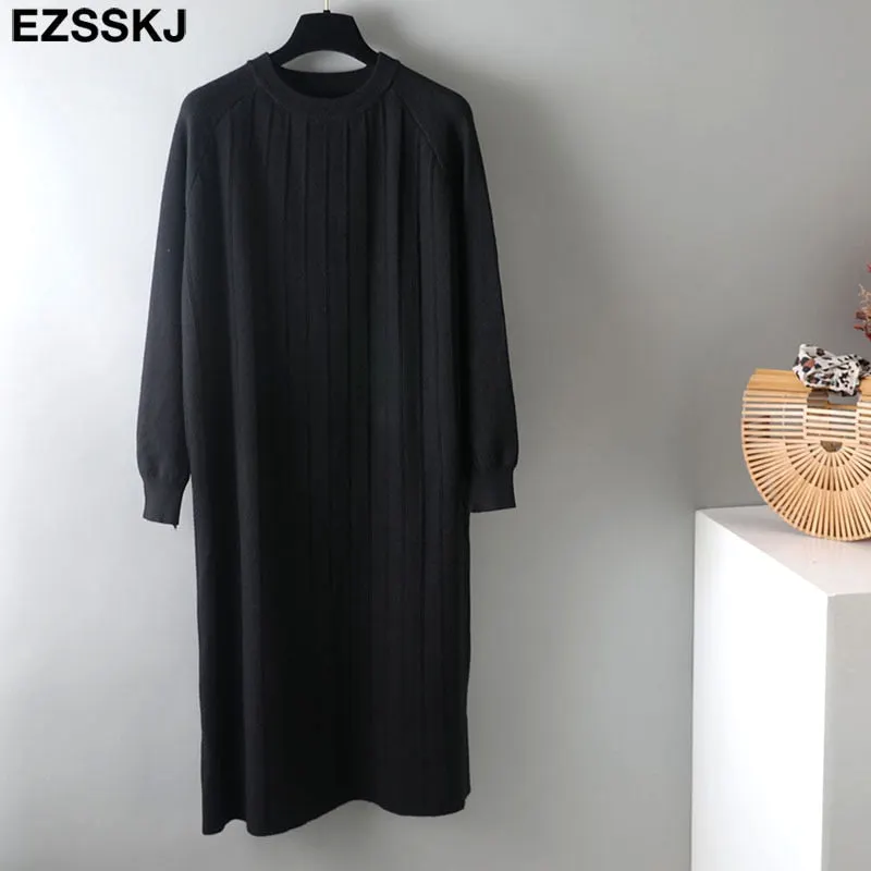 2021 Autumn Winter O-NECK Long  straight sweater Dress Women Casual oversize Sweater Dresses maix THICK  batwing sleeve Dress