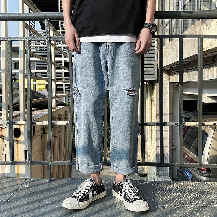 Men's Loose Casual Cropped Pants Wide-Leg Straight Trousers Loose Straight Men Pant