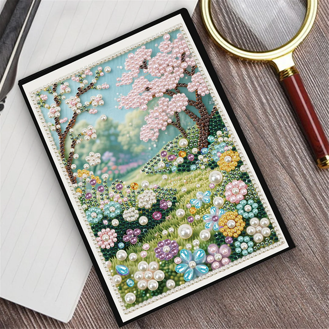 Spring Forest Partial Pearl DIY 50 Pages A5 Diamond Painting Notebook Special Shaped Diamond Art Diary Book Kits Wireless Strip 5D Crystal Art Paintings Sketchbook for Art Drawing