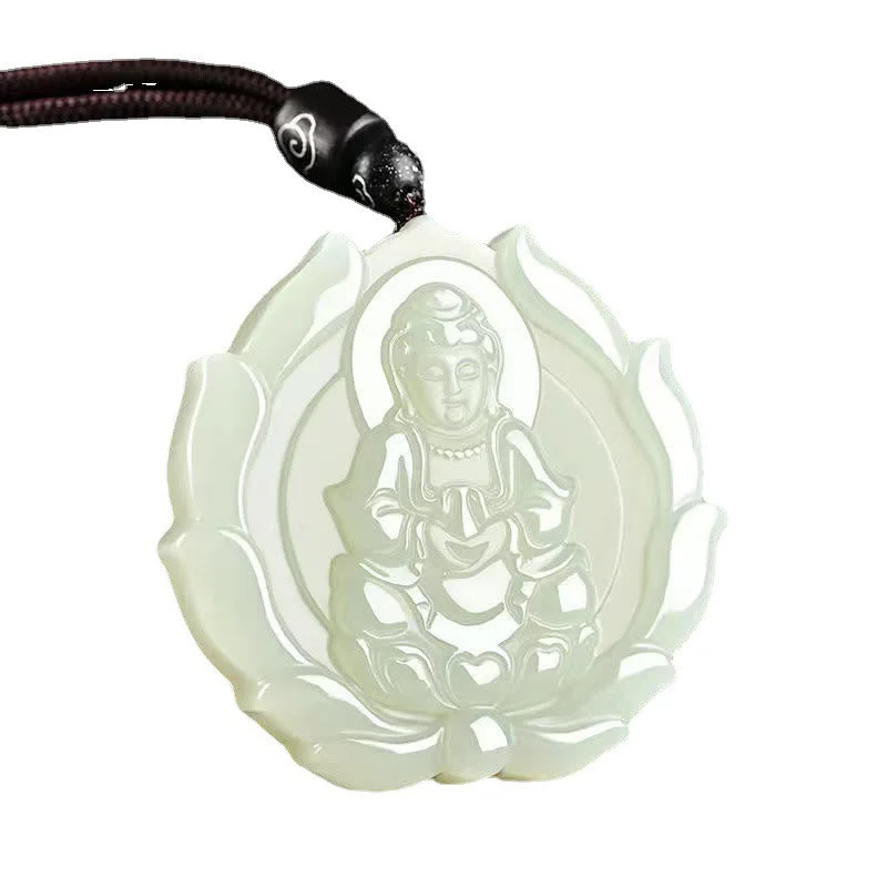 Kwan Yin Avalokitesvara Jade Lotus Abundance String Necklace Pendant