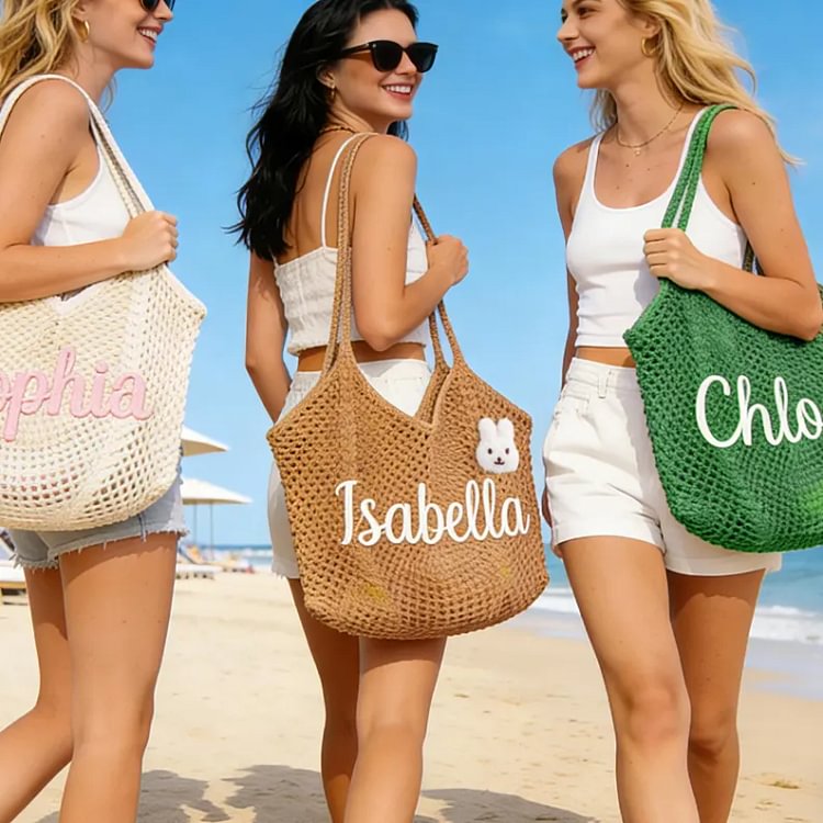 Personalised Straw Knitted Beach Bag and Crochet Tote - Unique Bridesmaid Gift Bags, Travel Wedding Favor, Bachelorette Trip Present