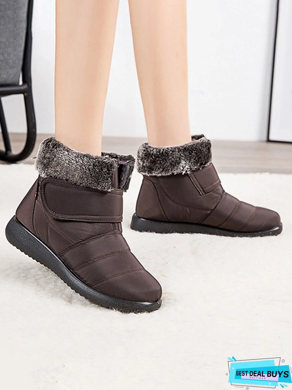 Faux Fur Cuff Snow Boots with Hook and Loop
