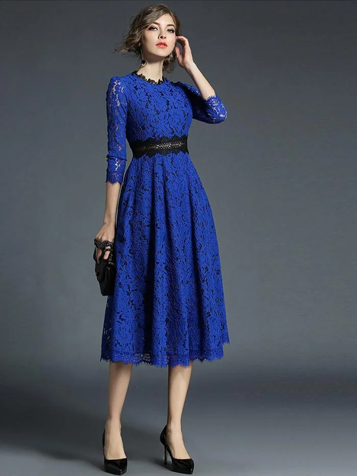 High-end boutique women's wind crochet flower hollow lace dress large swing dress