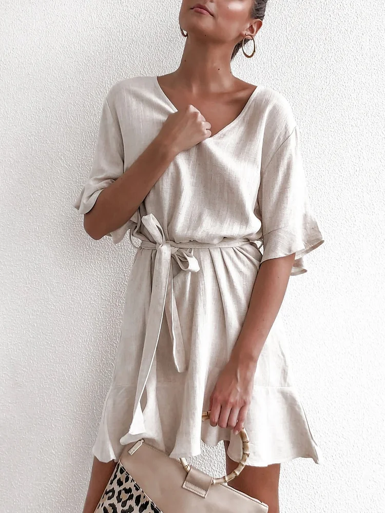 Pure color lace-up cotton and linen dress-Mayoulove