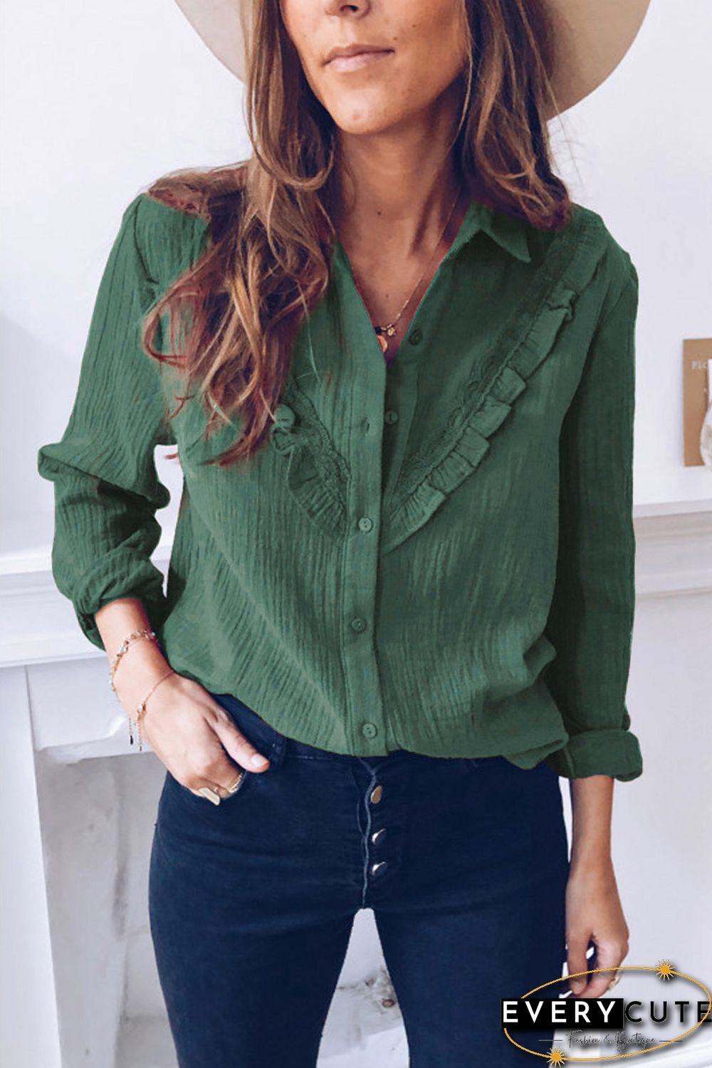 Green Ruffles Crinkled Long Sleeve Shirt