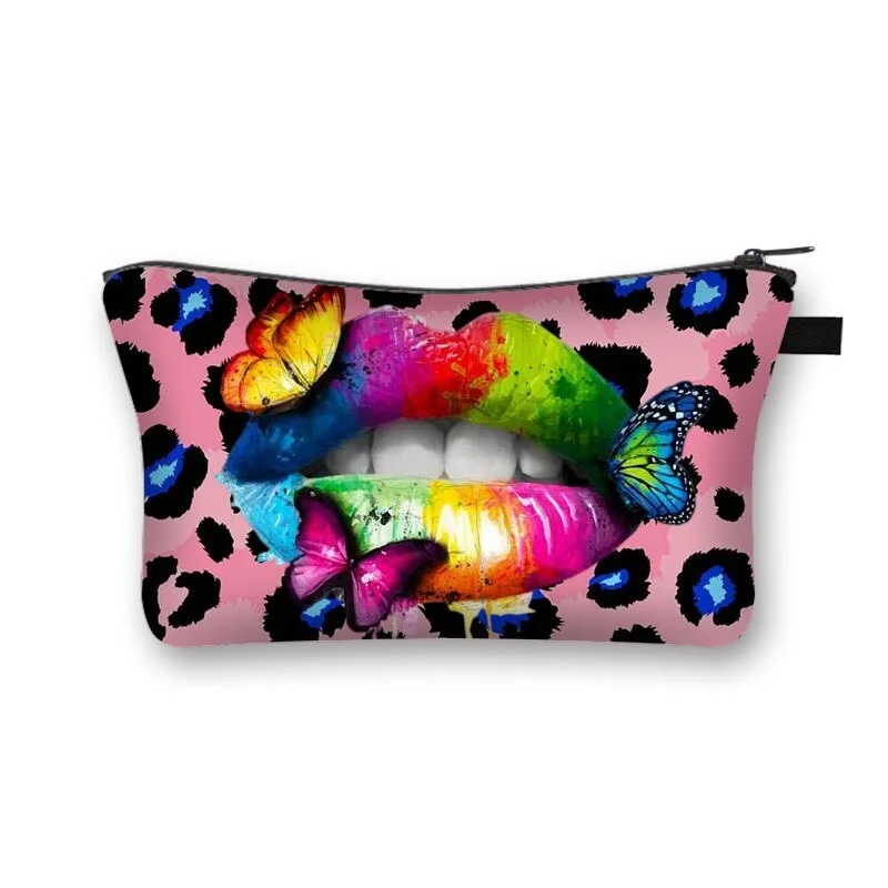 Polyester Cosmetic Bag - Leopard Butterfly Lipsprinted