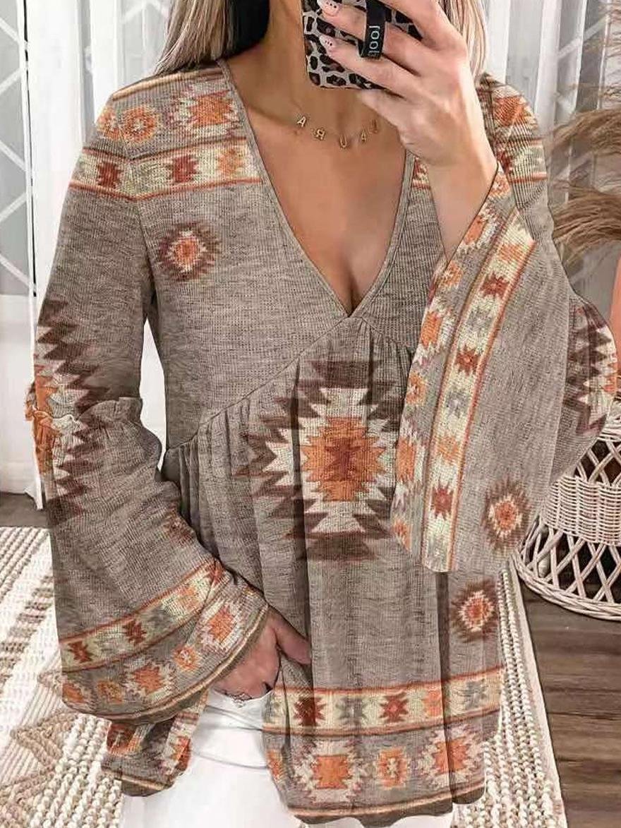 Casual V-Neck Vintage Print Flare Sleeve Loose Blouse | EGEMISS