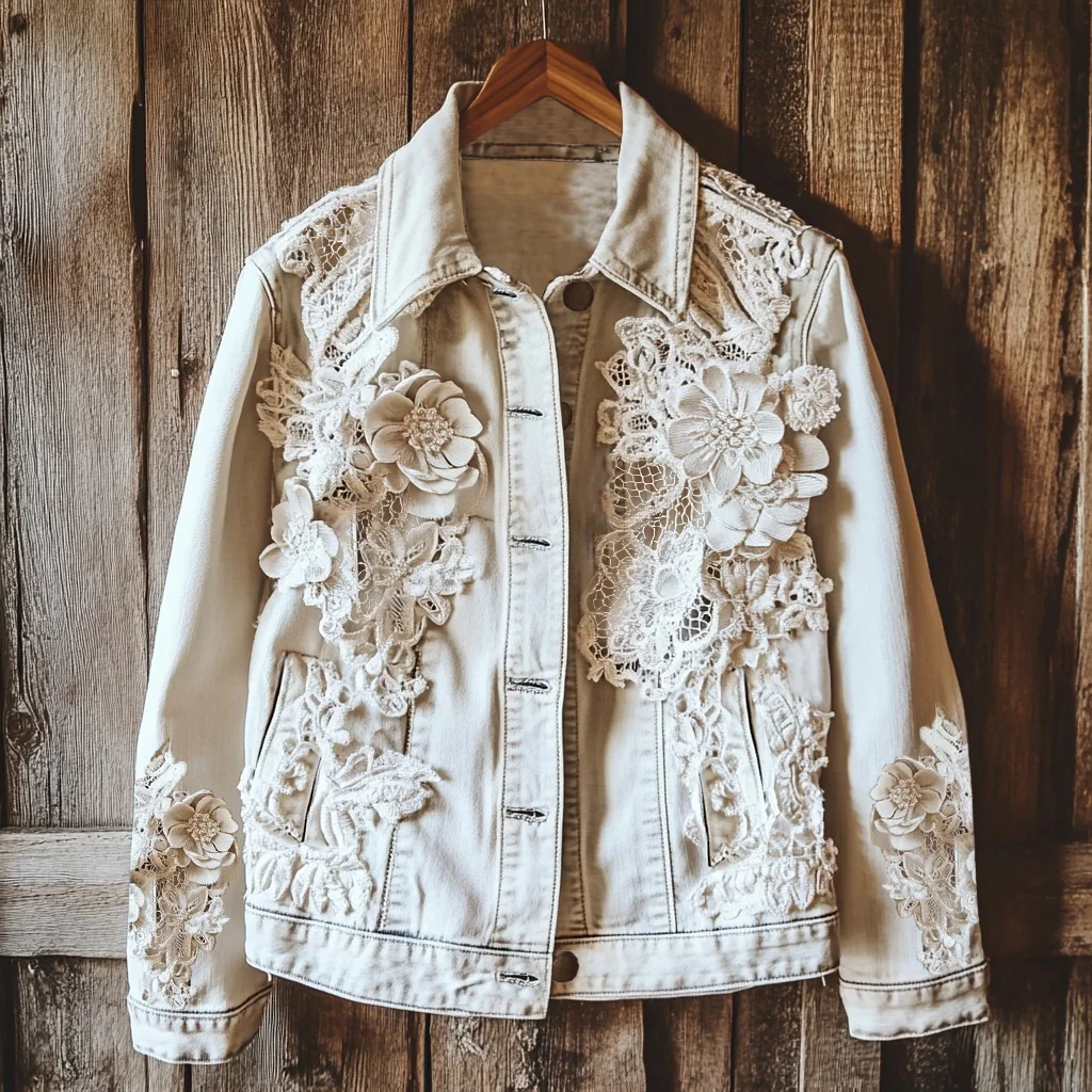 Women's Floral Lace Applique Embroidery Art Denim Jacket