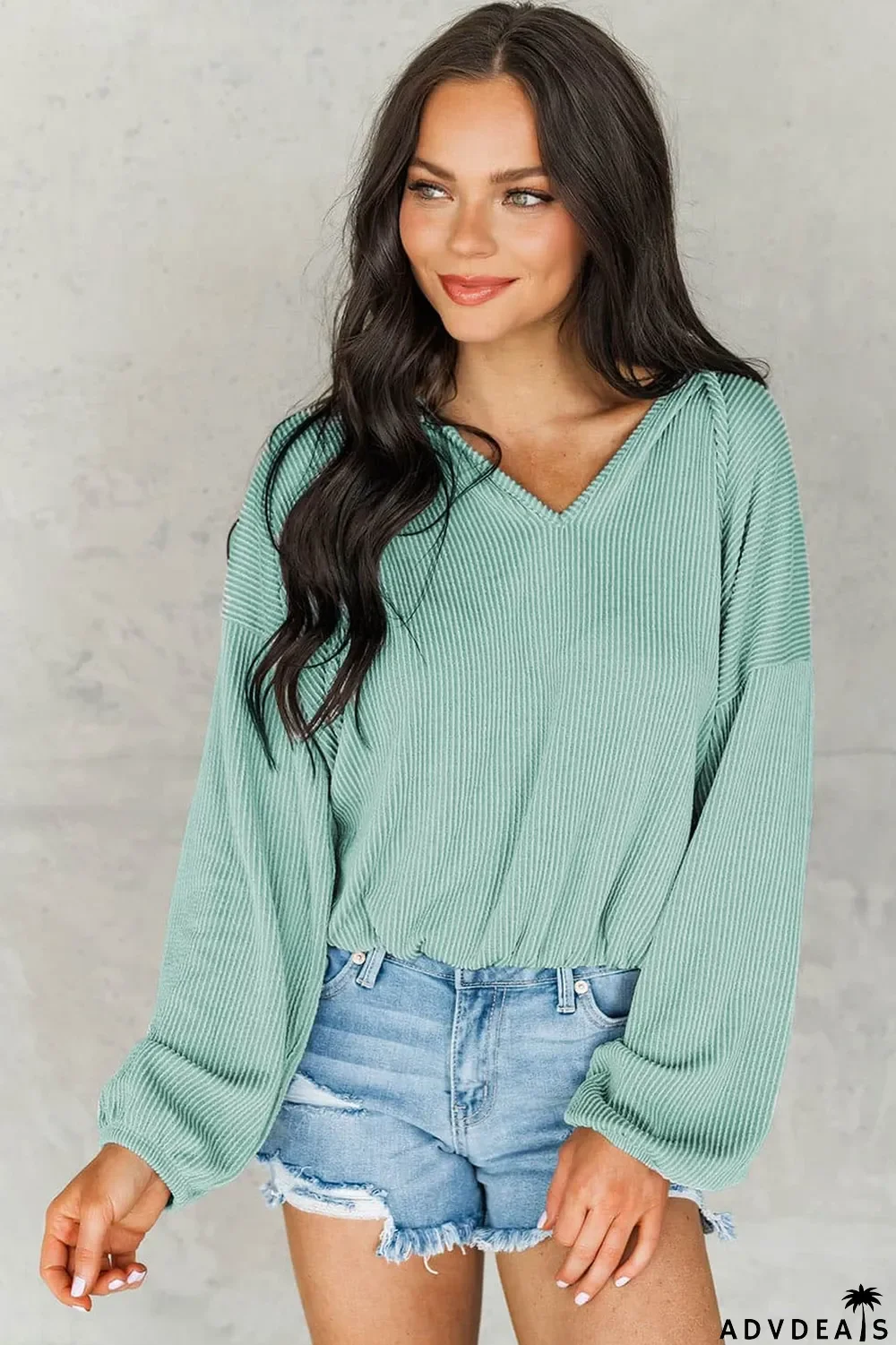 Green Loose Fit Ribbed V Neck Hoodie