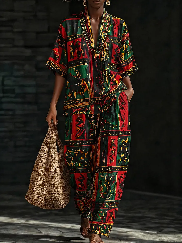 Women&rsquo;s Red & Green Patchwork Print Two-Piece Set