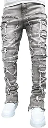 Conshvi Men's Slim Fit Stretch Jeans Distressed Patchwork Stacked Frayed Straight Leg Skinny Denim Pants