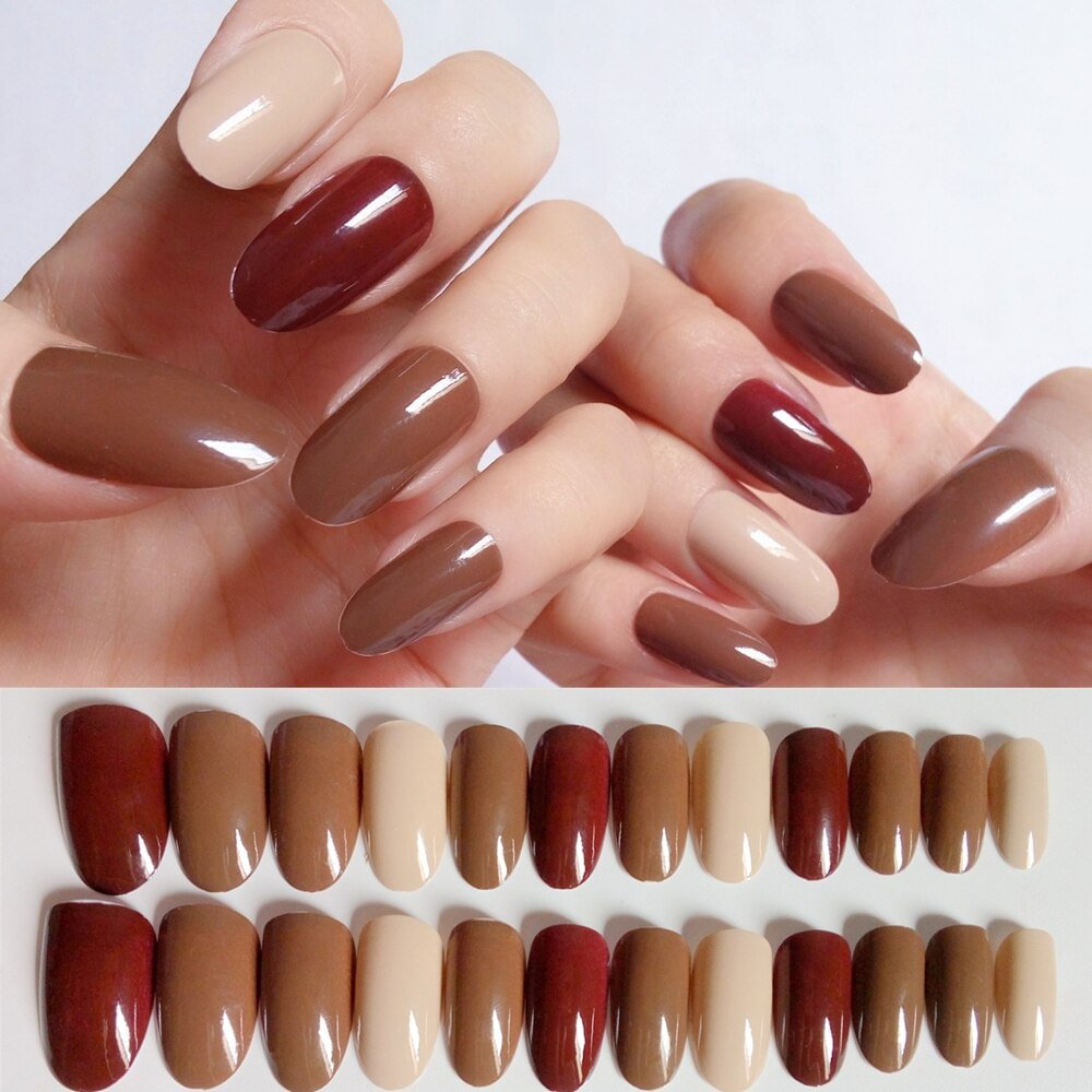 24Pcs Mex Color Long Artificial Fake Nails Shiny Brown DIY Lady Finger False Nails For Design Salon Tip Manicure Tool
