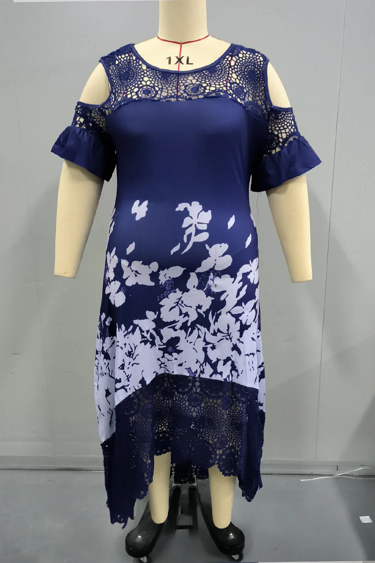 Plus Size Floral Print Lace Cold Shoulder Tunic Maxi Dress  Flycurvy [product_label]