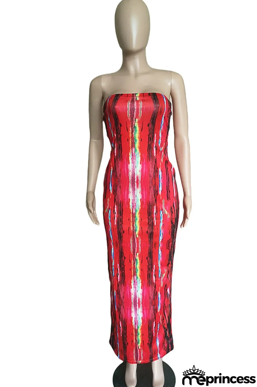 rose red Sexy Print Tie-dye Backless Strapless Pencil Skirt Dresses