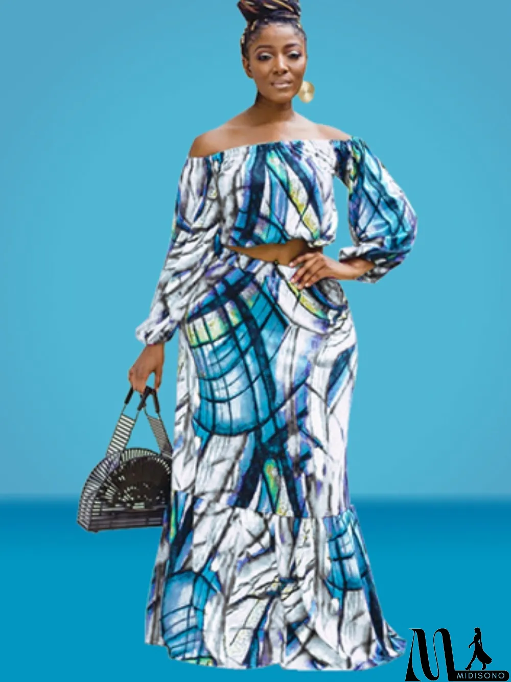 MidiSono - Autumn Plus Size Printed White Off Shoulder Puff Sleeve Long two piece skirt set