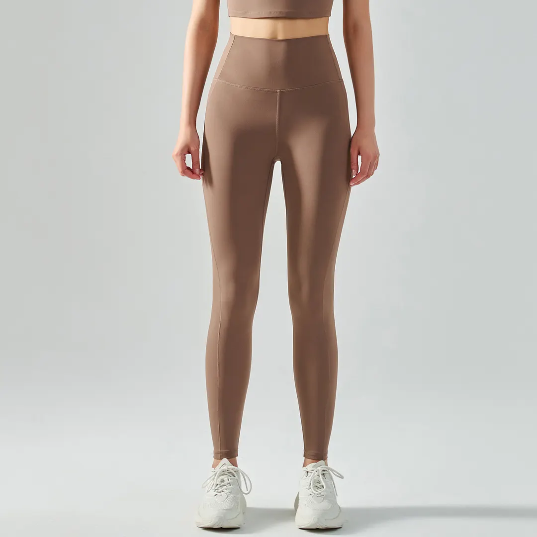 Buy different colors and types of women's mid strength side cross widened waist tummy control moisture wicking traceless sports tight capri leggings on Hergymclothing Chocolate
