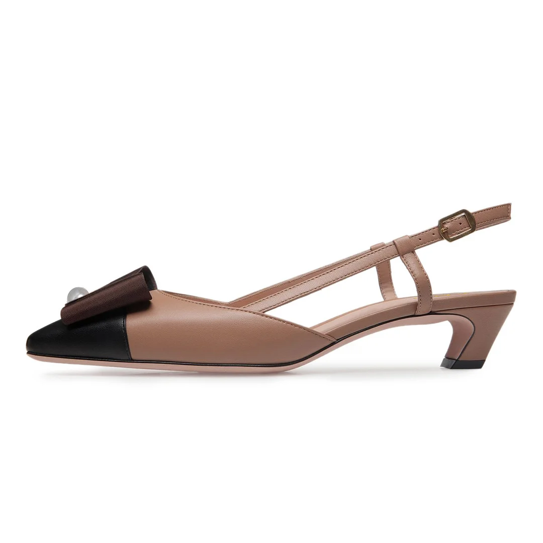 Fashion Brown Bow Chunky Heel Pearl Square Toe Slingback Pumps
