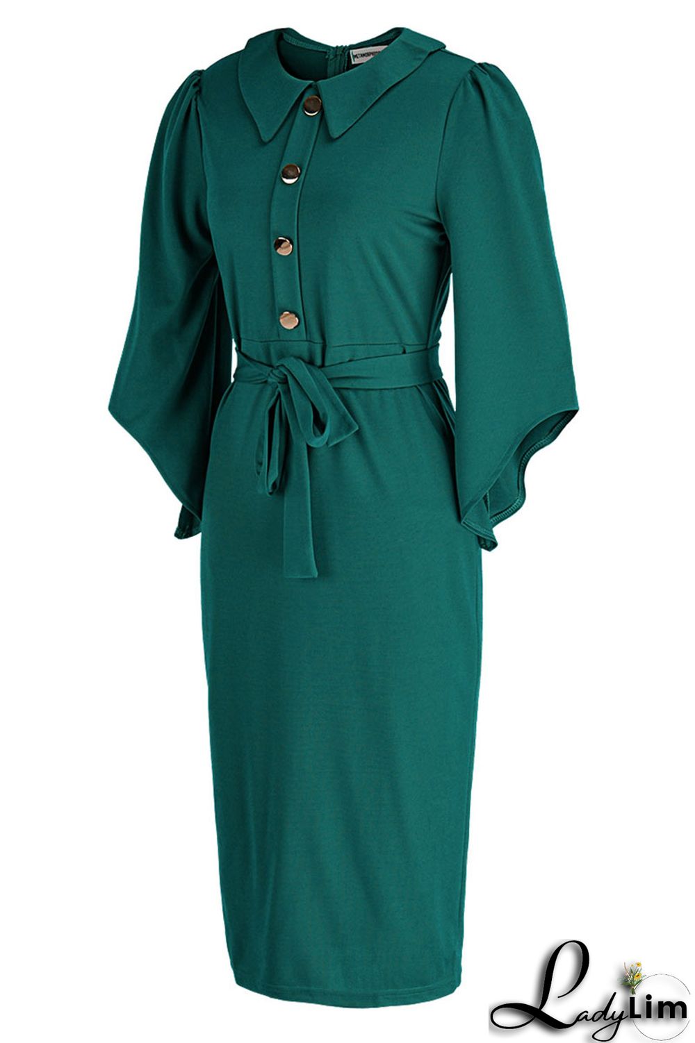 Green Casual Daily Solid Split Joint Buckle Turndown Collar One Step Skirt Dresses