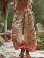 Women's Pink Rose Pattern Casual Linen Pants