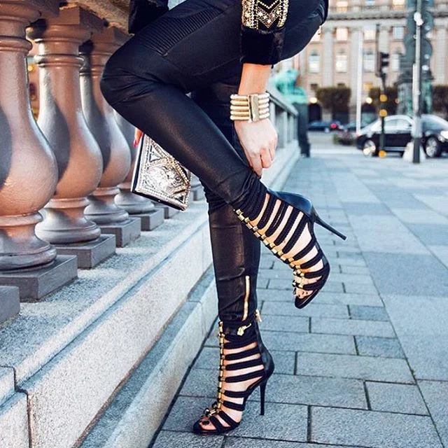 Black and Gold Stiletto Heels with Strappy Design Vdcoo