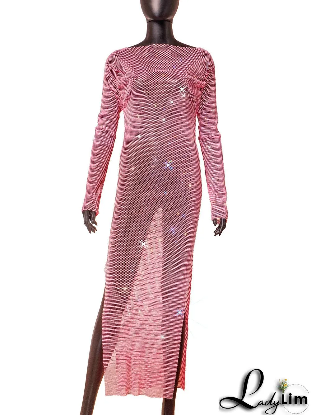 Women's Side Slit Party Night Round Neck Long Sleeve Sparkly Beaded Maxi Dress