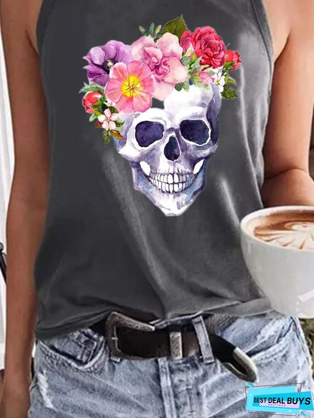 Gray Printed Sleeveless Casual Shift Crew Neck Tank & Cami