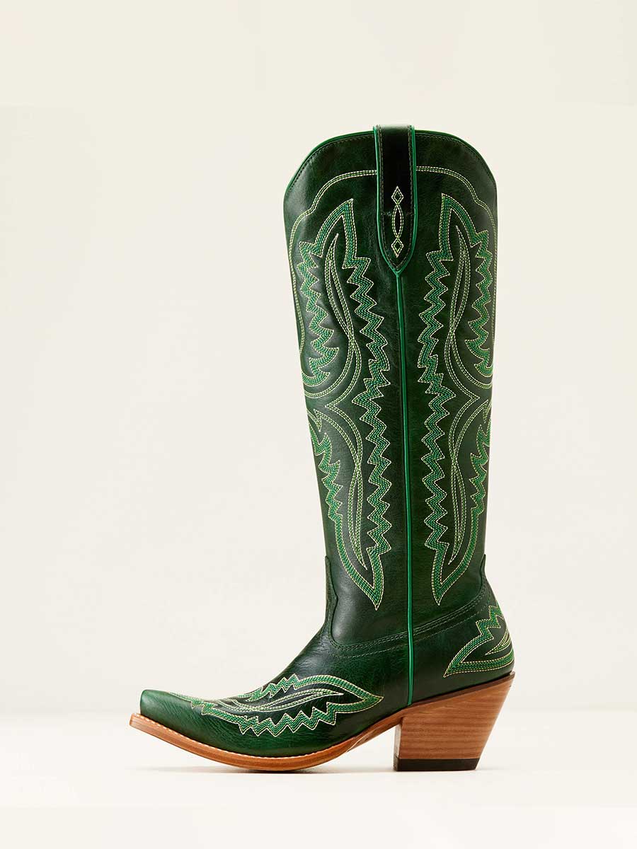 Vegan Leather Embroidered Dark Green Zip Knee High Cowgirl Boots  