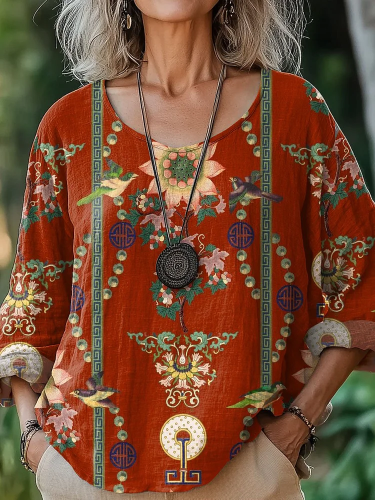 Women's Floral Art  Print Casual Cotton And Linen Shirt