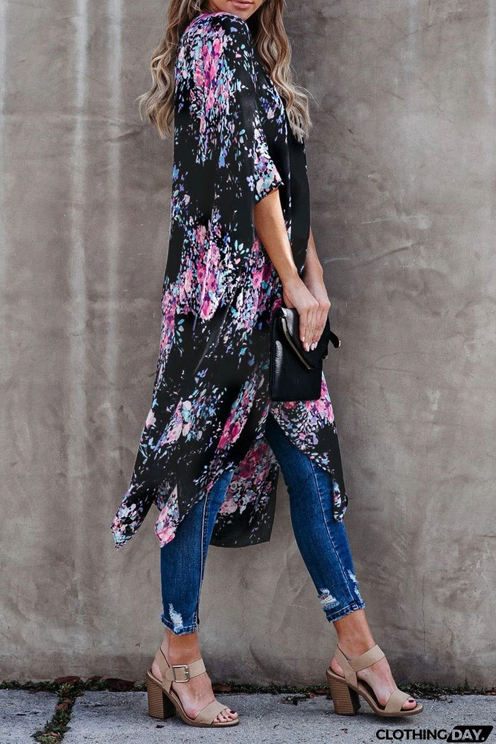 Floral Kimono Sleeves Chiffon Loose Beach Cover Up