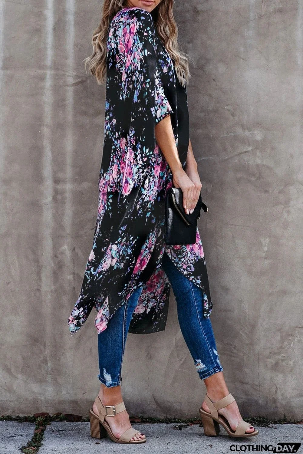 Floral Kimono Sleeves Chiffon Loose Beach Cover Up