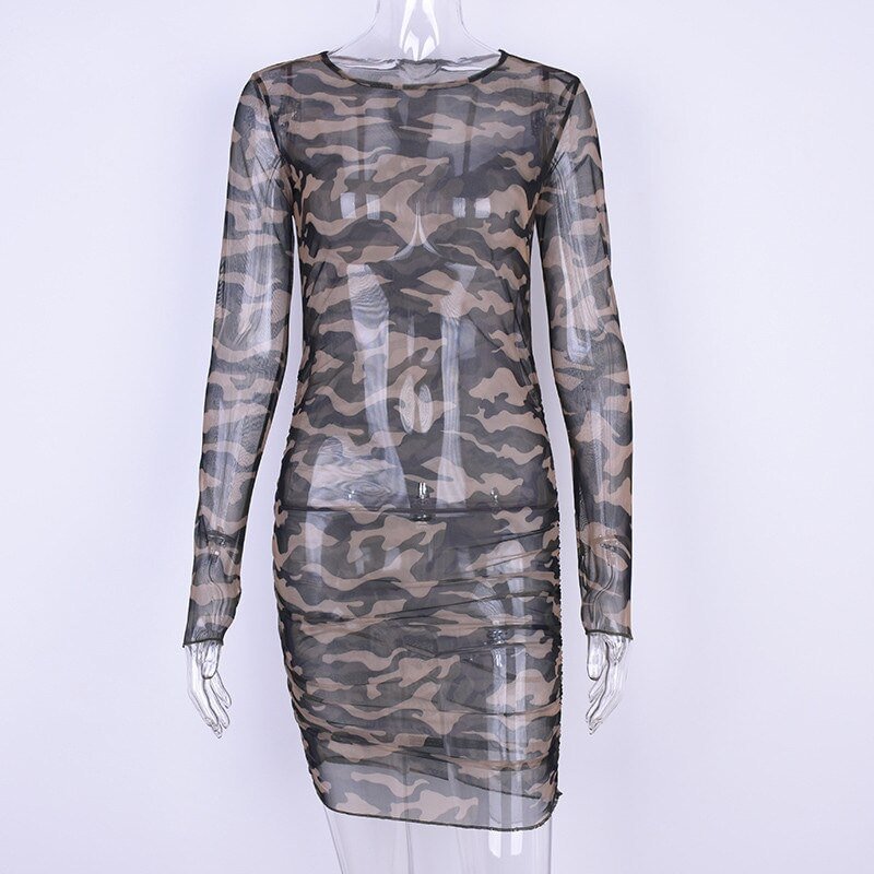 Dulzura camouflage mesh long sleeve bodycon women dress 2018 spring summer female sexy mini dresses