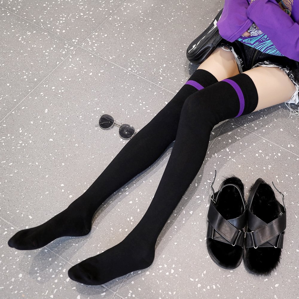 Color bars Non-slip silicone Black Thigh High Socks